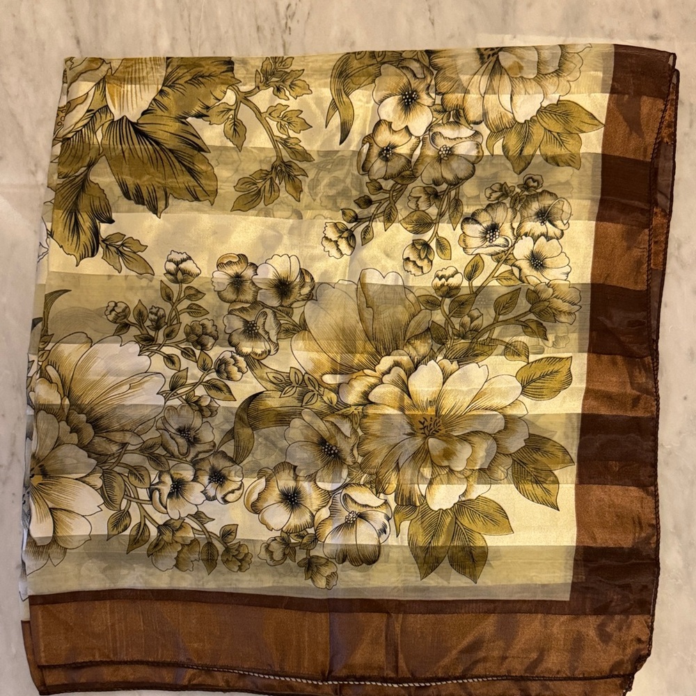 Floral Satin Square Scarf in Golden Brown